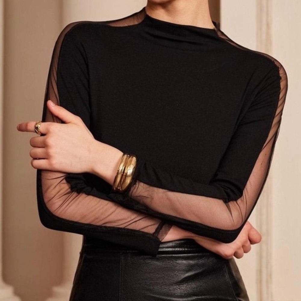 NWT Commense Black Mock Neck Long Sleeve Top w/ Mesh Panels Size XS